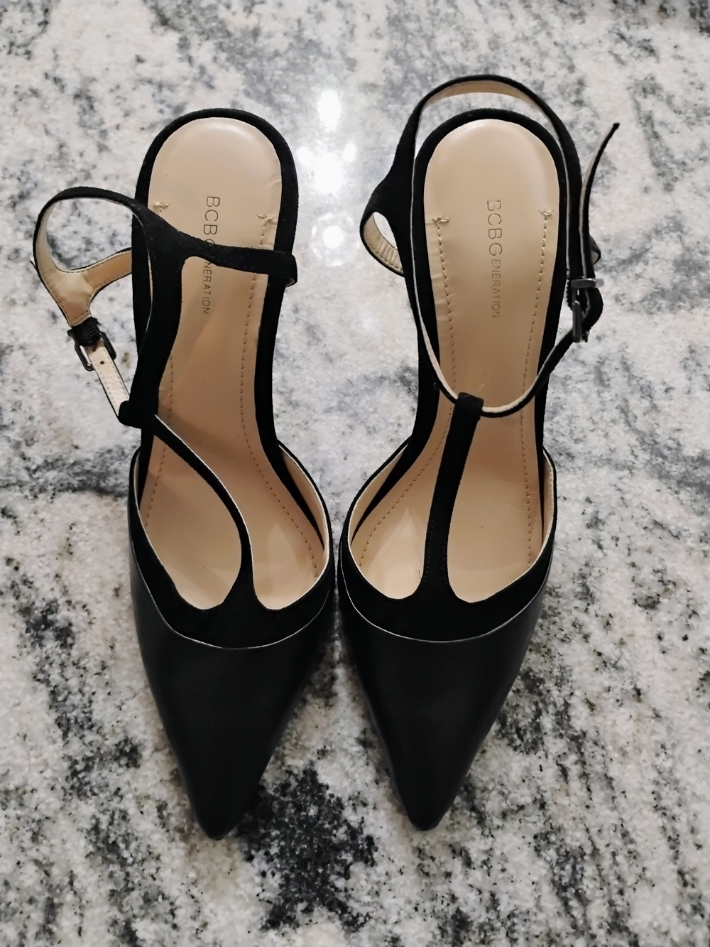 BCBG Black Pointed T-Strap Slingback Heels